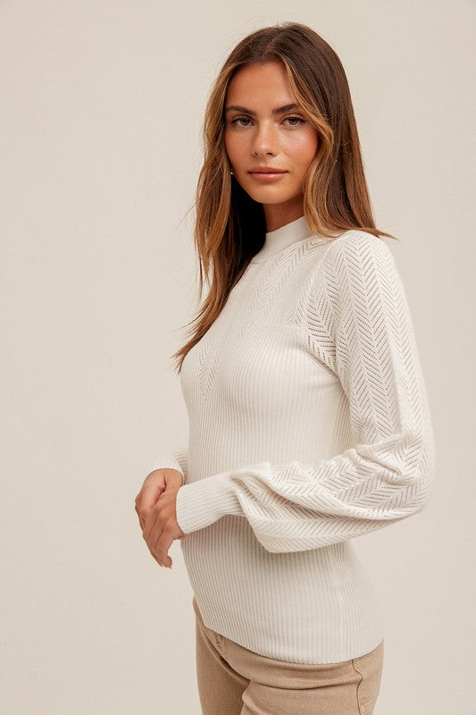 Abbi Long Sleeve Mock Neck Pointelle Knit Sweater Top White – Miss