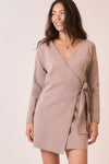 Long Sleeve Wrap Knit Sweater Mini Dress Taupe