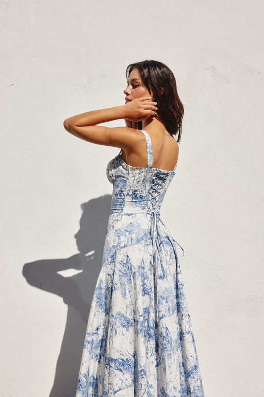  Sleeveless Printed Corset Midi Dress Blue