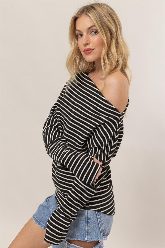 Long Sleeve One Shoulder Striped Sweater Top Black
