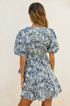  Short Puff Sleeve Floral Print Wrap Mini Dress Navy