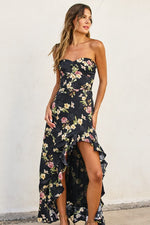 Sleeveless Floral Print Asymmetrical Hem Maxi Dress Black