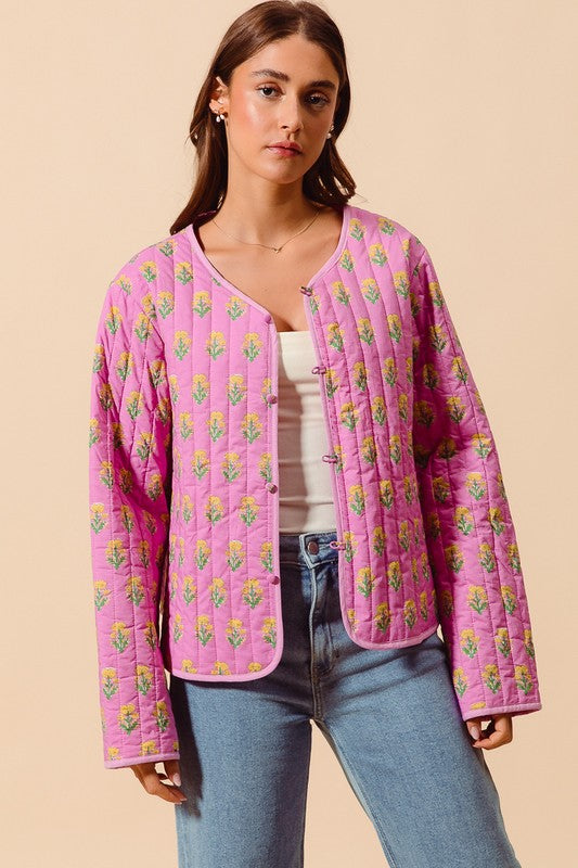 Long Sleeve Floral Print Quilted Jacket Rose