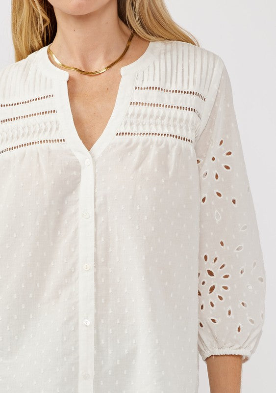 3/4 Sleeve Eyelet Button Down Top White