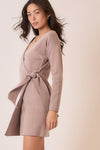 Long Sleeve Wrap Knit Sweater Mini Dress Taupe