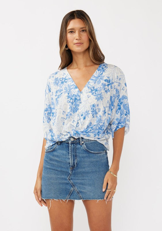 Short Sleeve Button Down Floral Print Top Blue