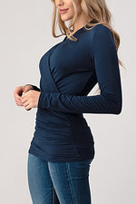 Long Sleeve Surplice Pleated Top Navy