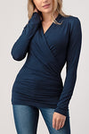 Long Sleeve Surplice Pleated Top Navy