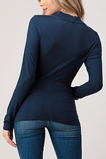 Long Sleeve Surplice Pleated Top Navy