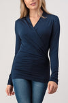 Long Sleeve Surplice Pleated Top Navy