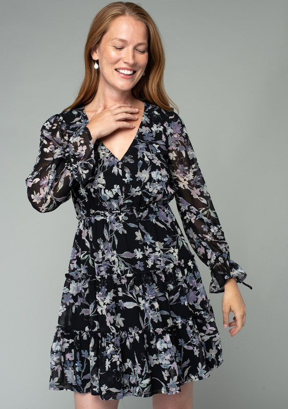 Long Sleeve Floral Print Mini Dress Black