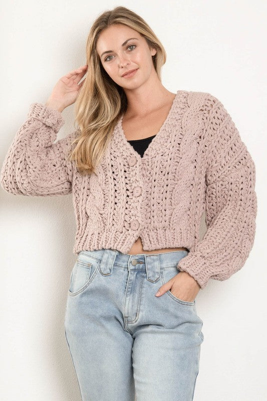 Long Sleeve Cable Knit Button Down Cardigan Mauve