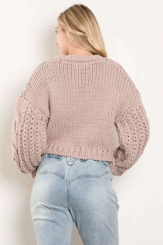 Long Sleeve Cable Knit Button Down Cardigan Mauve