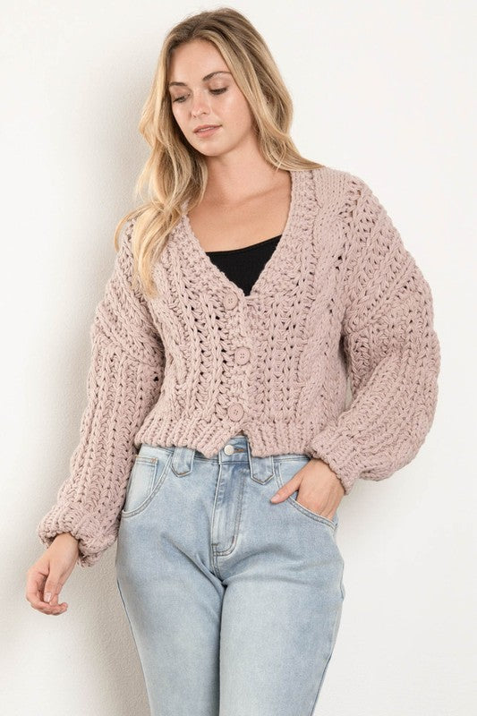 Long Sleeve Cable Knit Button Down Cardigan Mauve