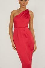 Sleeveless One Shoulder Satin Maxi Dress Red