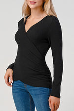  Long Sleeve Surplice Pleated Rib Knit Top Black