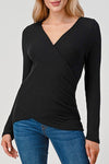 Long Sleeve Surplice Pleated Rib Knit Top Black