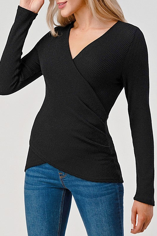  Long Sleeve Surplice Pleated Rib Knit Top Black