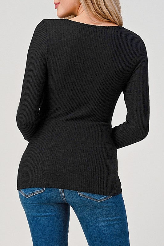  Long Sleeve Surplice Pleated Rib Knit Top Black