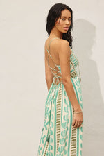 Sleeveless Back Tie Abstract Print Maxi Dress Green