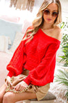 Long Dolman Sleeve Cable Knit Sweater Top Red