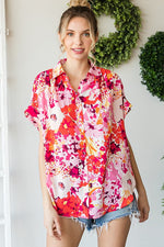 Short Sleeve Button Down Floral Print Top Fuchsia