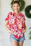 Short Sleeve Button Down Floral Print Top Fuchsia