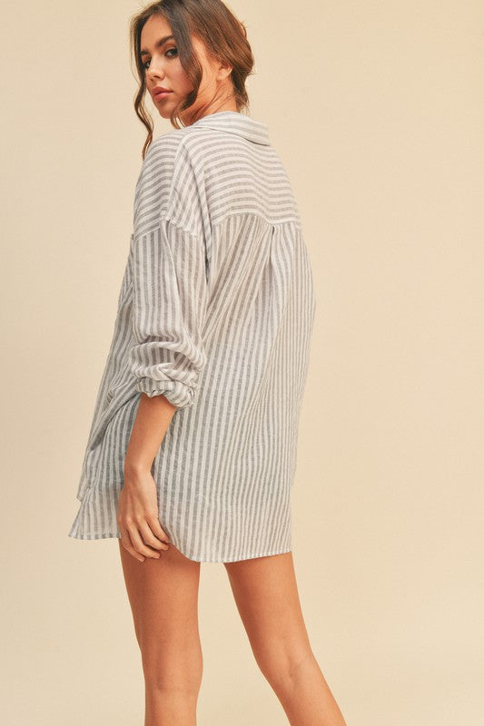 Chandler Long Sleeve Stripe Print Button Down Top Grey