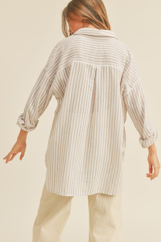 Long Sleeve Stripe Print Button Down Top Beige