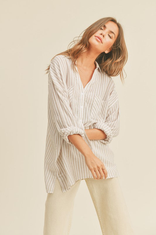 Long Sleeve Stripe Print Button Down Top Beige