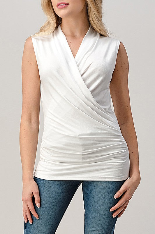  Sleeveless Surplice Pleated Top White