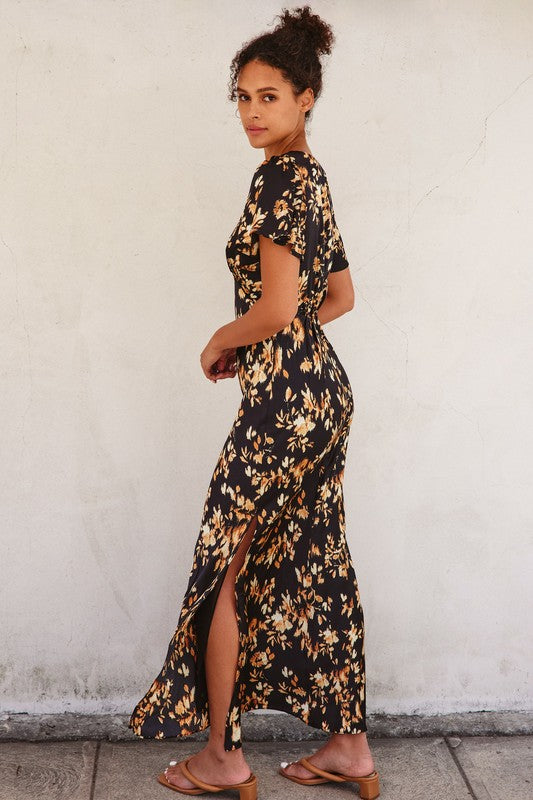  Short Flutter Sleeve Floral Print Maxi Dress Black