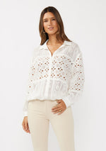 Long Sleeve Embroidered Eyelet Button Down Top White