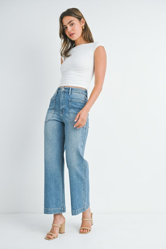 Waitlist 2/6 ♥ Natasha High Rise Utility Cropped Wide Leg Jeans Medium Wash