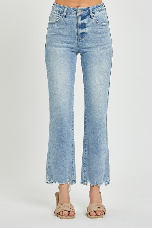 High Rise Raw Hem Straight Leg Jeans Light Wash