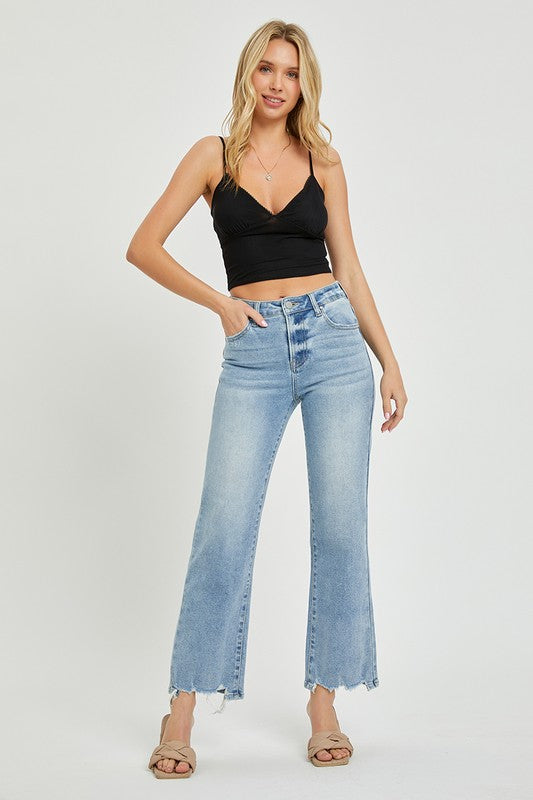 High Rise Raw Hem Straight Leg Jeans Light Wash