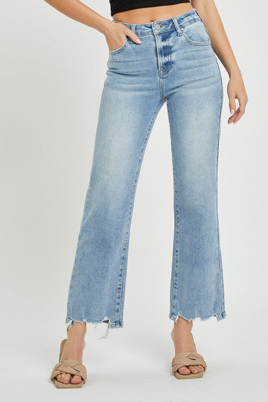 High Rise Raw Hem Straight Leg Jeans Light Wash