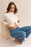 Long Sleeve Mock Neck Cut Out Cropped Sweater Top White