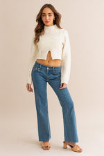 Long Sleeve Mock Neck Cut Out Cropped Sweater Top White