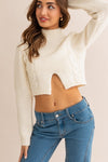 Long Sleeve Mock Neck Cut Out Cropped Sweater Top White