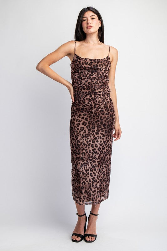 Sleeveless Mesh Leopard Print Midi Dress Brown