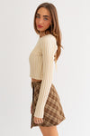 Long Sleeve Open Back Shirring Sweater Top Cream