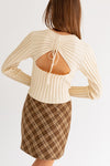 Long Sleeve Open Back Shirring Sweater Top Cream