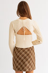 Long Sleeve Open Back Shirring Sweater Top Cream