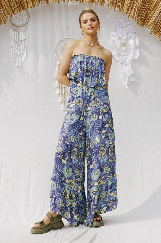  Sleeveless Floral Print Wide Leg Jumpsuit Navy