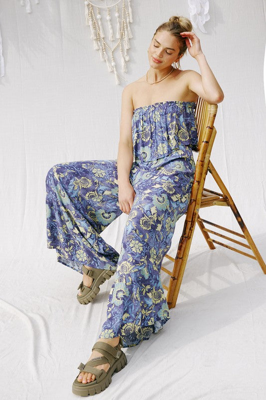  Sleeveless Floral Print Wide Leg Jumpsuit Navy