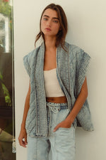 Sleeveless Oversized Open Front Quilted Denim Vest Blue