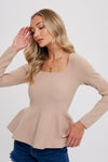 Long Sleeve Peplum Sweater Top Taupe