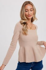 Long Sleeve Peplum Sweater Top Taupe