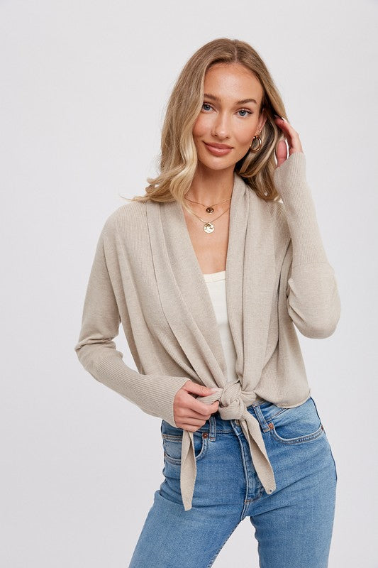 Long Sleeve Tie Front Sweater Top Taupe